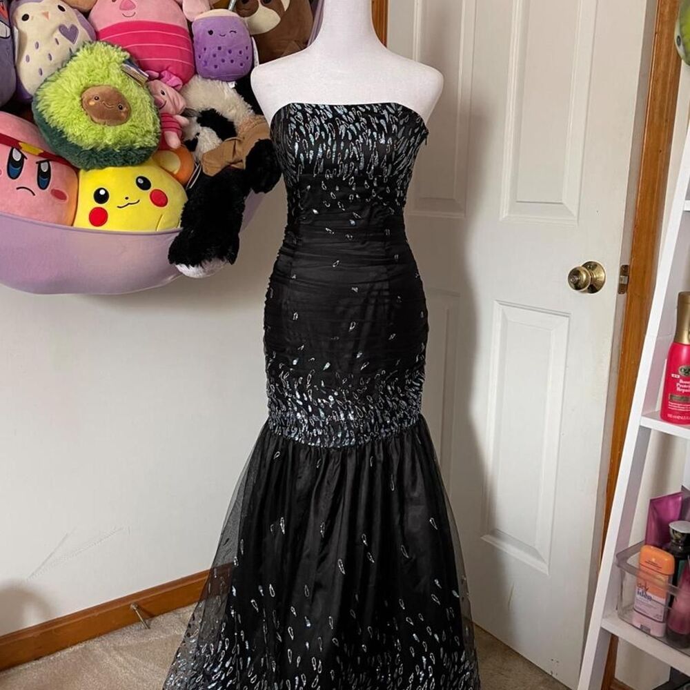 JESSICA MCCLINTOCK II TULLE BLACK STRAPLESS GLITTER SEQUIN MERMAID FORMAL GOWN